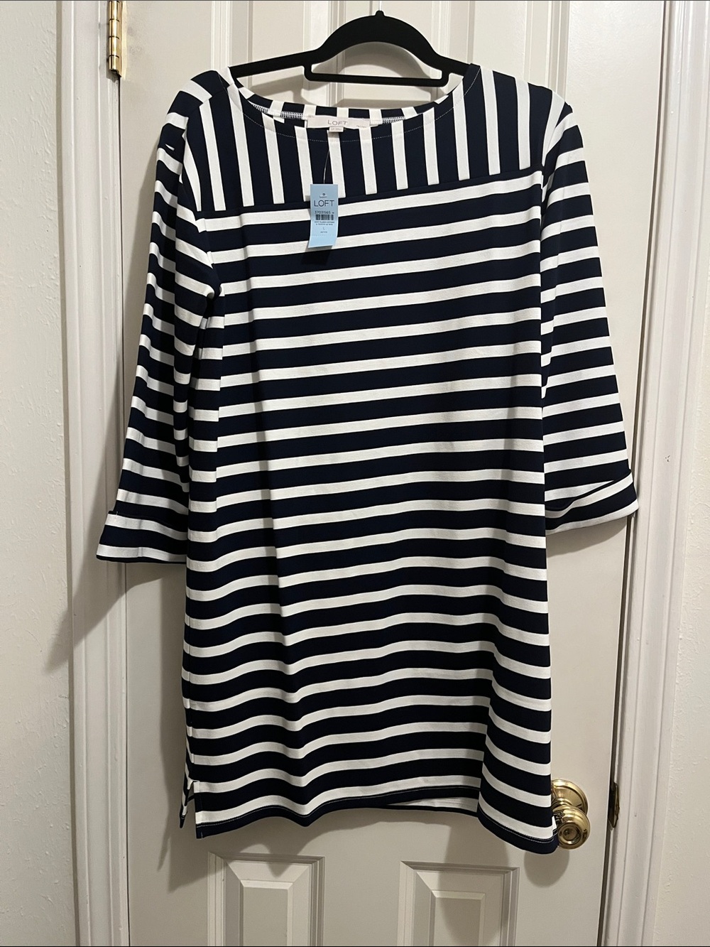 LOFT Navy and White Striped Long-Sleeve Ponte Dress